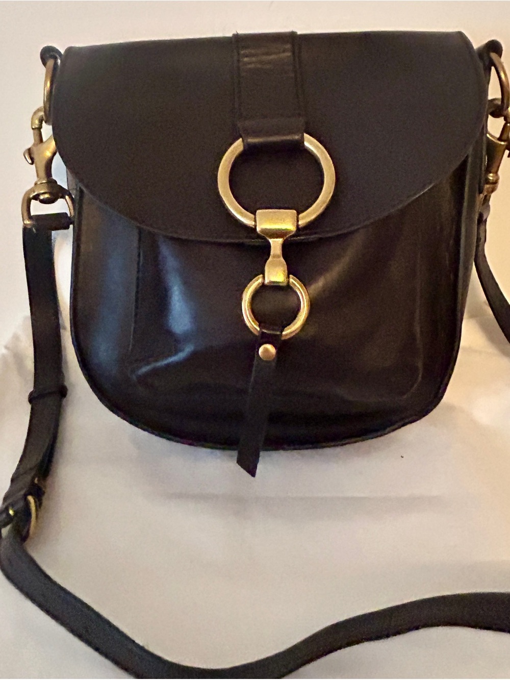 Frye Black Leather Crossbody with Gold Ring Detail